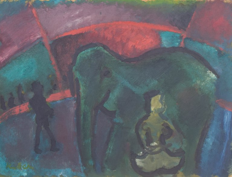Modernist circus scene, oil on board, Danish artist.