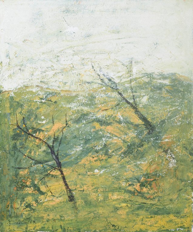 Göta Fogler, “Vindbitna träd” (“Windblown Trees”), oil on canvas, listed Swedish artist.