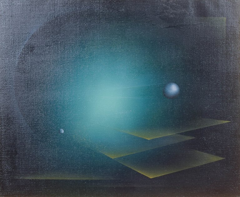 Bo Örn, “Materians flykt”, surrealist composition, oil on canvas, listed Swedish artist.