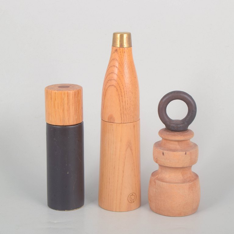 Collection of three Danish salt and pepper mills, 1960-90s.