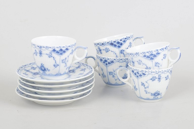 Royal Copenhagen, Blue Fluted Half Lace, set of five coffee cups and saucers.