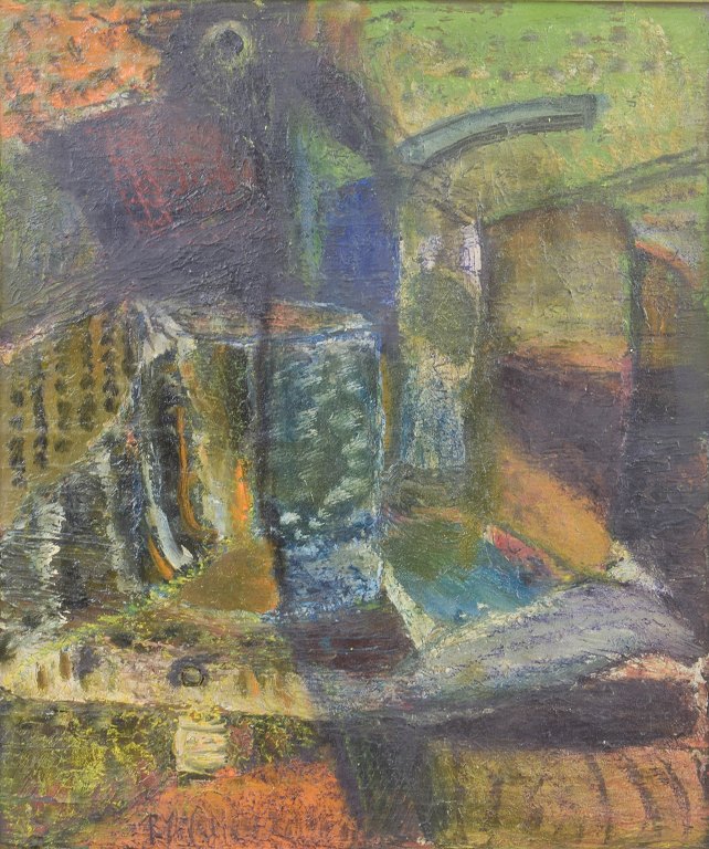 European artist, abstract oil on board, signed.