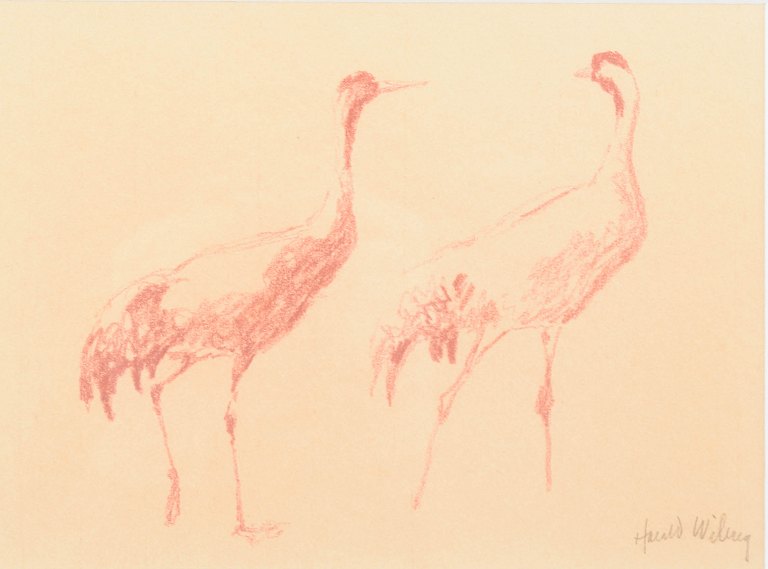 Harald Wiberg, “Tranor” (Cranes), red chalk drawing on paper, listed Swedish visual artist.