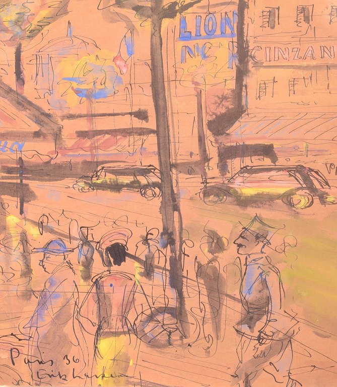 Erik Larsen, Parisian street scene, mixed media on paper, listed Danish visual artist.